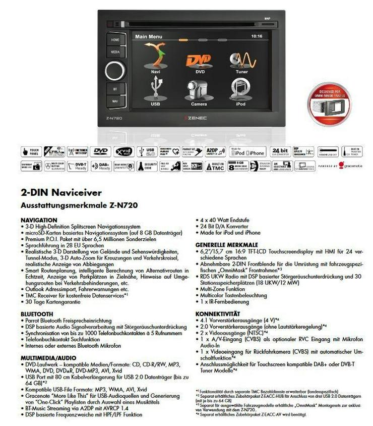 ZENEC Z-N720 2-DIN Naviceiver Autoradio TMC BT - Autoradios, Player & Wechsler - Bild 2