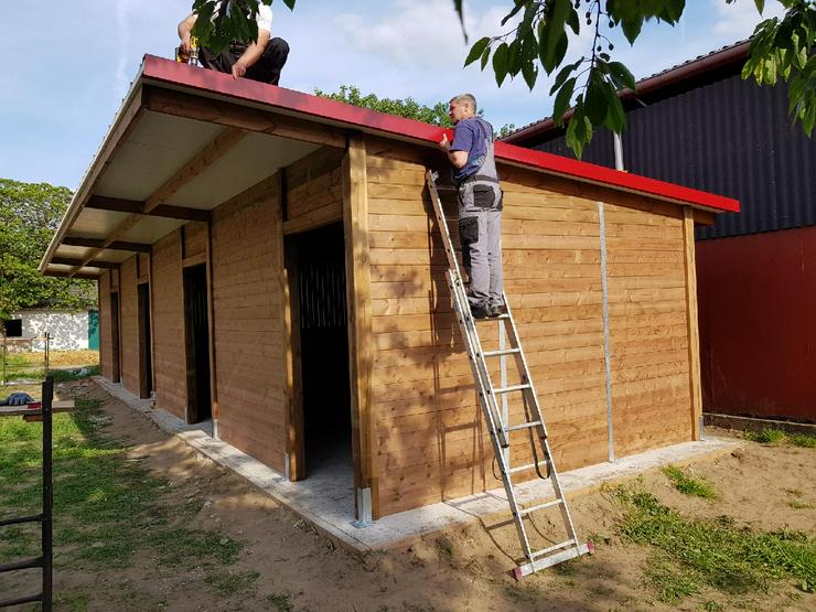 Bild 7: Pferdestall bauen, Aussenboxen, Pferdeboxen, Innenboxen, Stallungen, Stallanlagen, Weidehütte, Pferdeunterstand, Weideunterstand, Offenstall, Unterstand Fressgitter,