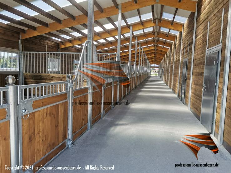 Bild 13: Außenbox, Pferdestall bauen, Pferdebox, Offenstall, Weidehütte mit fressgitter, Stallbau, Pferdestallungen, Stallungen, Paddockbox bauen, Offenstallhaltung, Pferdesportsysteme, Stallplanung, Pferdesport,