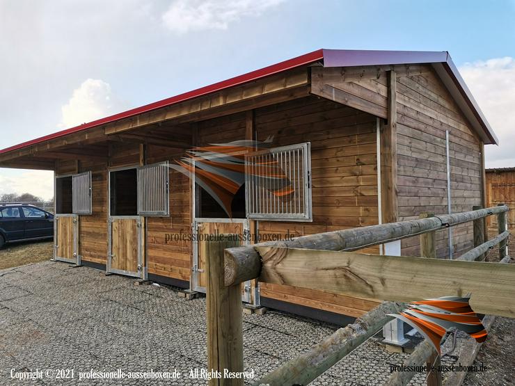 Bild 13: Aussenboxen für pferde, Pferdestall, Pferdeboxen, Weidehütte mit fressgitter, Offenstall, Offenstall bauen, Offenstallhaltung, Pferdeunterstand, Weideunterstand, Stall, Stallbau, Stalltechnik, Stalleinrichtung pferde, Stallanlagen, Stallungen,