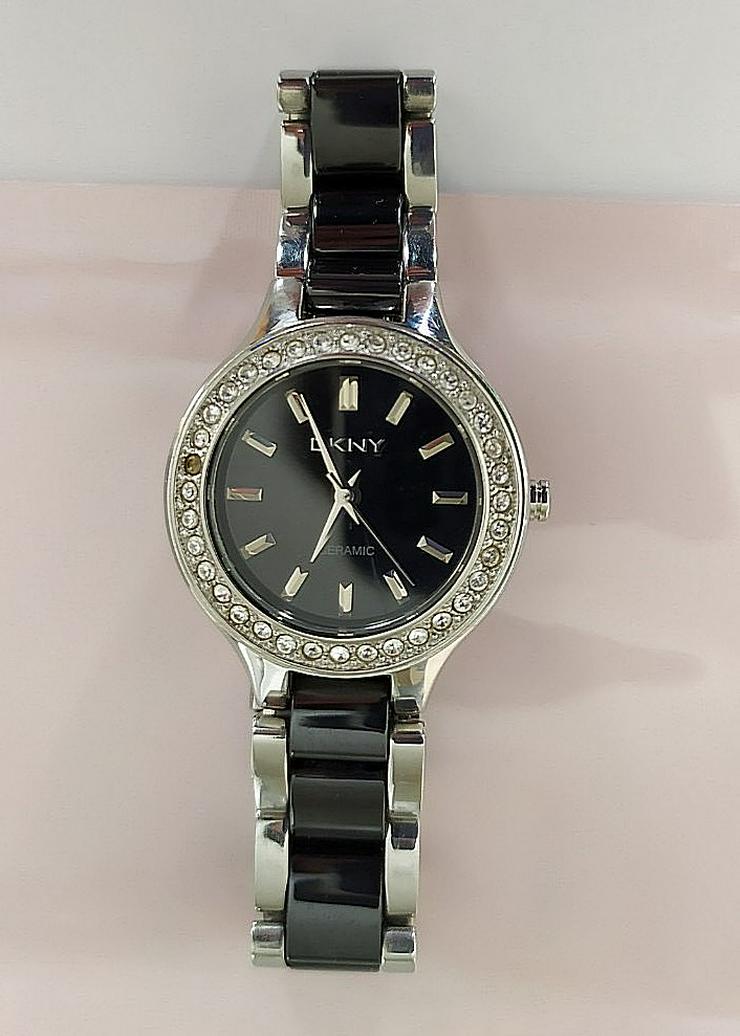 MARKENWARE Armbanduhr Damen DKNY Ceramic Watch Schwarz/Silber mit Strass
