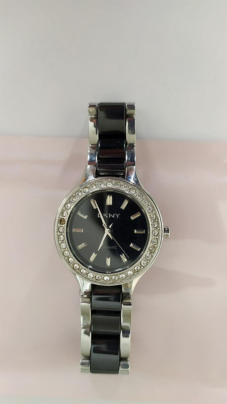 MARKENWARE Armbanduhr Damen DKNY Ceramic Watch Schwarz/Silber mit Strass