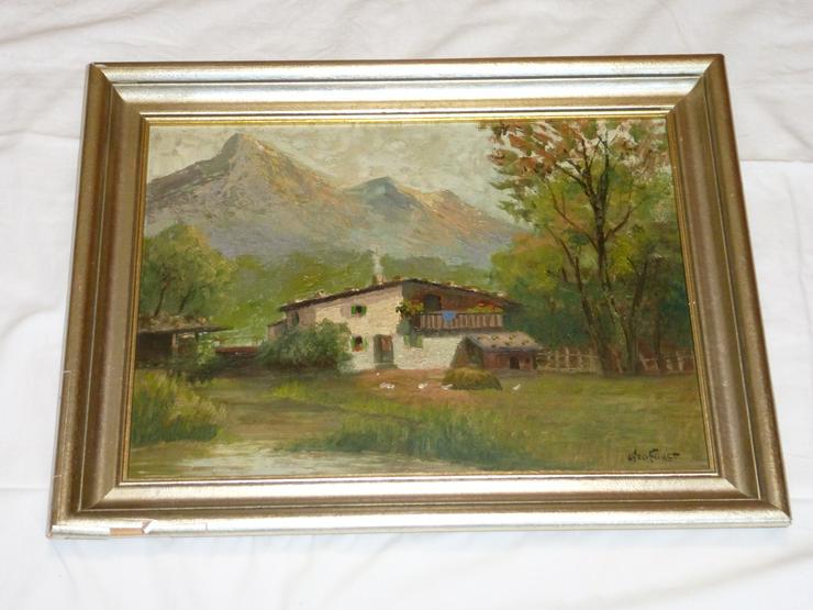 Bild 1: Gemälde Öl auf Leinwand Bauernhof mit Bergen, signiert Geo Fürst