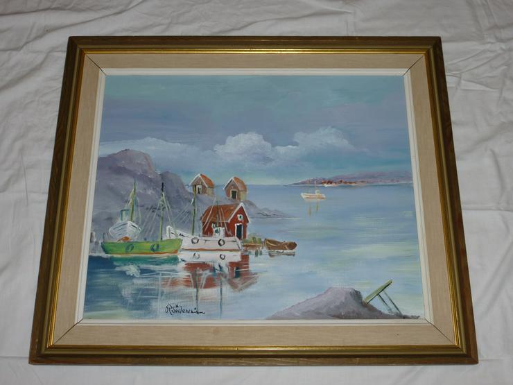 Gemälde Öl auf Leinwand Küste mit Fischerhütten signiert R. Södersmann