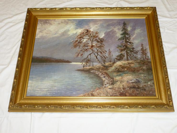 Gemälde Öl auf Leinwand See mit Landschaft, signiert A. Strömqvist - Gemälde & Zeichnungen - Bild 2