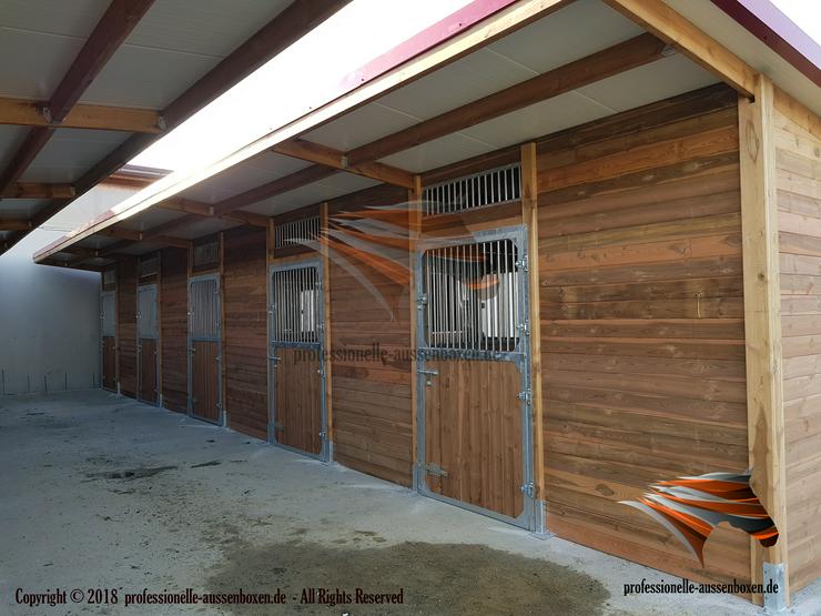 Bild 9: Außenboxen für Pferde, Pferdeställe, Pferdeboxen, Weidehütte mit Fressgitter, Offenstall, Unterstand