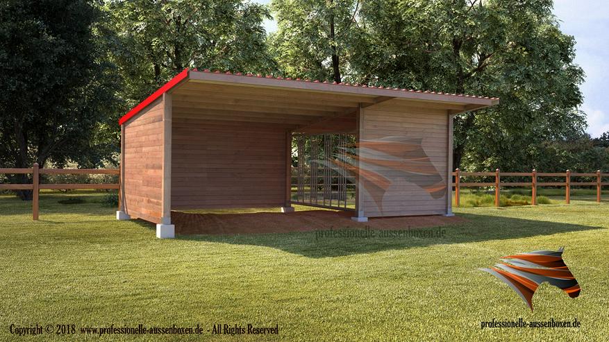 Bild 18: Außenboxen für Pferde, Pferdeställe, Pferdeboxen, Weidehütte mit Fressgitter, Offenstall, Unterstand