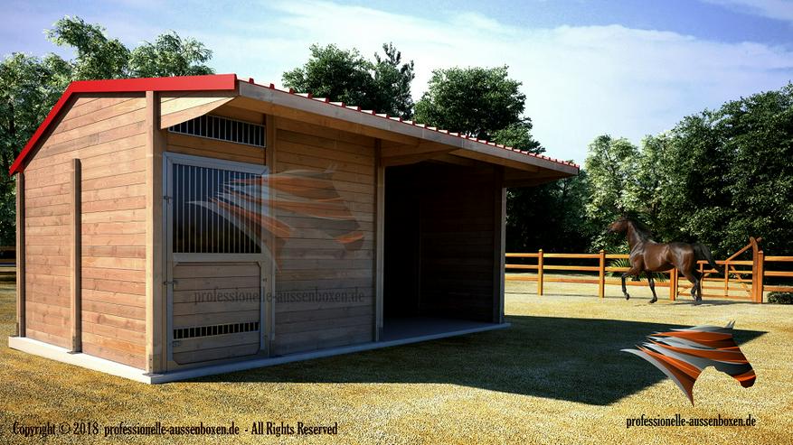 Bild 16: Außenboxen für Pferde, Pferdeställe, Pferdeboxen, Weidehütte mit Fressgitter, Offenstall, Unterstand