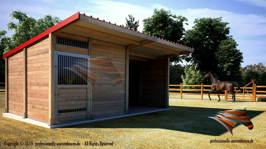 Bild 15: Außenboxen für Pferde, Pferdeställe, Pferdeboxen, Weidehütte mit Fressgitter, Offenstall, Unterstand