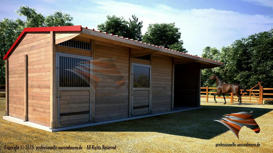 Bild 3: HOLZ Außenboxen für Pferde, Pferdeställe, Pferdeboxen, Weidehütte mit Fressgitter, Offenstall, Unterstand