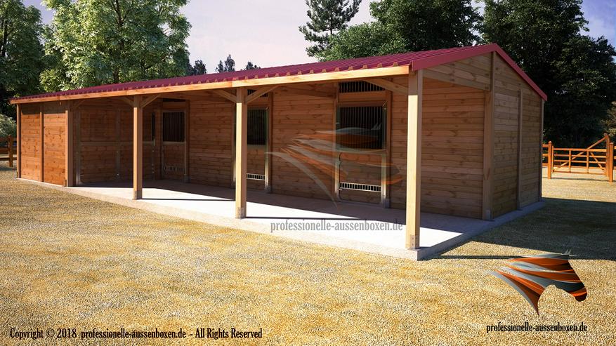 Bild 11: HOLZ Außenboxen für Pferde, Pferdeställe, Pferdeboxen, Weidehütte mit Fressgitter, Offenstall, Unterstand
