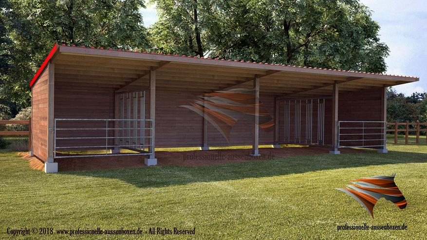 Bild 18: HOLZ Außenboxen für Pferde, Pferdeställe, Pferdeboxen, Weidehütte mit Fressgitter, Offenstall, Unterstand