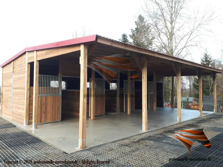 Bild 12: HOLZ Außenboxen für Pferde, Pferdeställe, Pferdeboxen, Weidehütte mit Fressgitter, Offenstall, Unterstand
