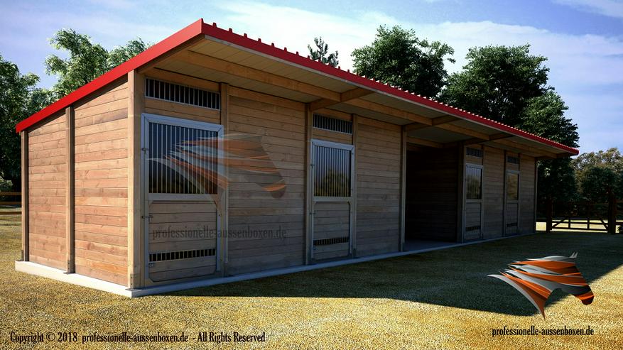 Bild 6: HOLZ Außenboxen für Pferde, Pferdeställe, Pferdeboxen, Weidehütte mit Fressgitter, Offenstall, Unterstand