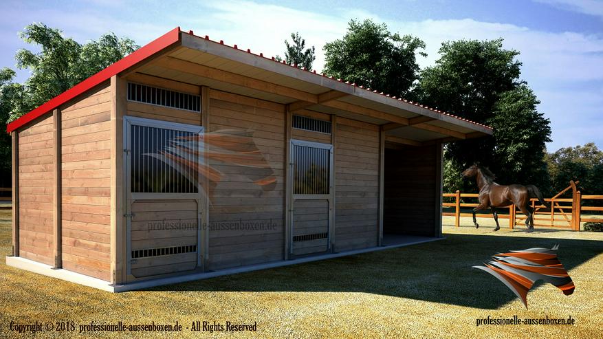 Bild 4: HOLZ Außenboxen für Pferde, Pferdeställe, Pferdeboxen, Weidehütte mit Fressgitter, Offenstall, Unterstand