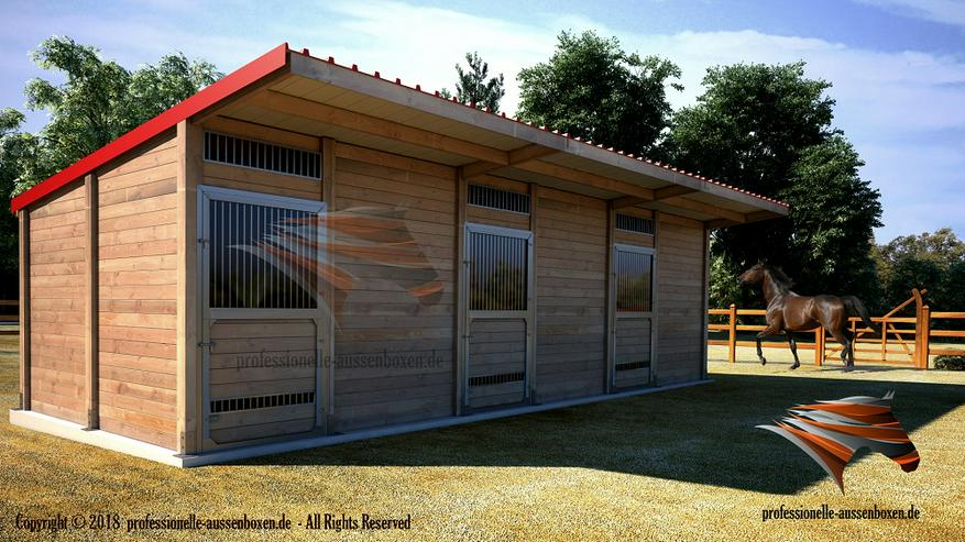 Bild 7: HOLZ Außenboxen für Pferde, Pferdeställe, Pferdeboxen, Weidehütte mit Fressgitter, Offenstall, Unterstand