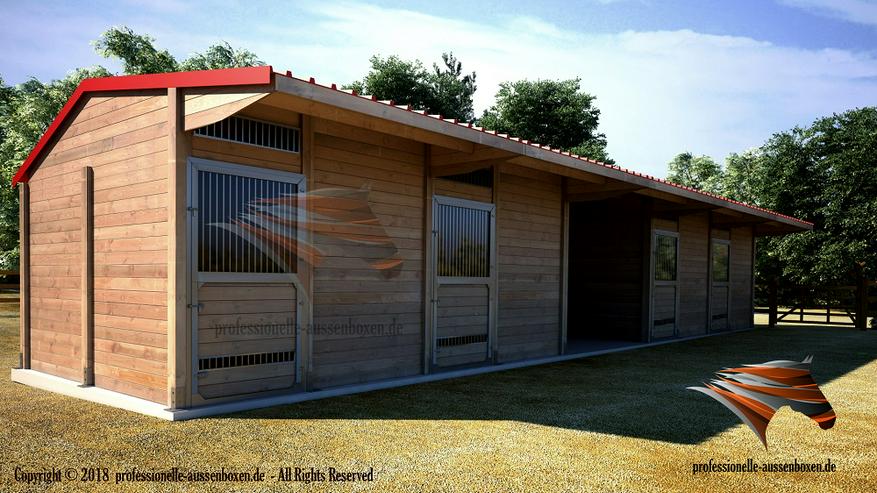 Bild 5: HOLZ Außenboxen für Pferde, Pferdeställe, Pferdeboxen, Weidehütte mit Fressgitter, Offenstall, Unterstand