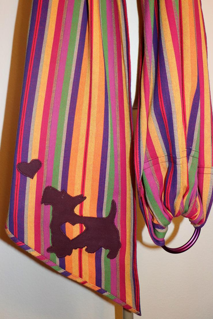 Bild 9: Tragetuch Baby Ring Sling Amazonas 215cm Carrier Lila/Grün Applikation"Hund"