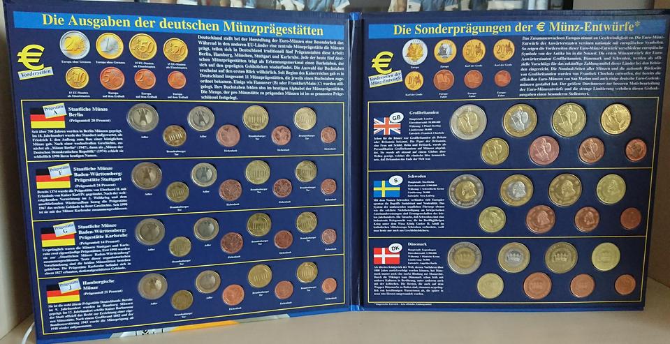 Bild 2: Sonderprägungen der EURO-Münzentwürfe  GB / S /DK und Ausgaben der Deutschen Münzprägestätten