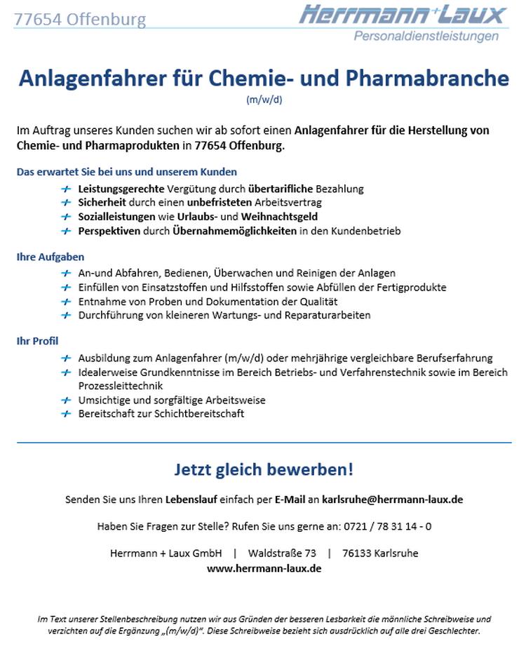 Anlagenfahrer für Chemie- und Pharmabranche (m/w/d) in Offenburg