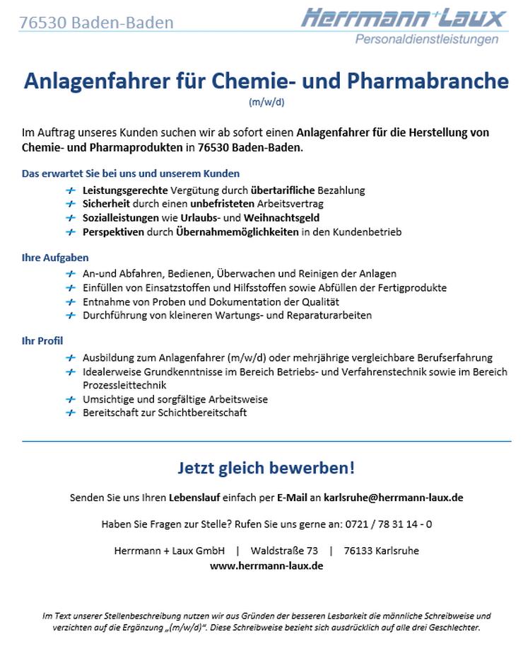 Anlagenfahrer für Chemie- und Pharmabranche (m/w/d) in Baden-Baden
