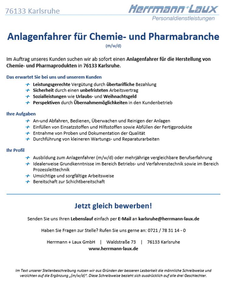 Anlagenfahrer für Chemie- und Pharmabranche (m/w/d) in Karlsruhe