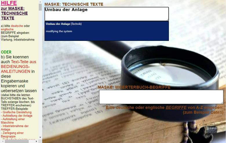 Bild 1: Uebersetzer: Woerterbuch mit Elektrotechnik-Text-Suche