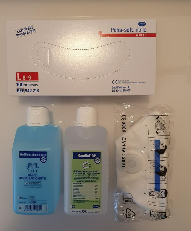 Desinfektionsmittel, Flächendesinfektionsmittel, Handschuhe Nitril, FFP3D Maske  Set