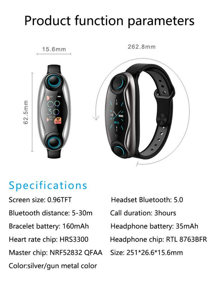 Fitness Armband Drahtloser Bluetooth Kopfhörer 2 In 1 Bluetooth 5 - Herren Armbanduhren - Bild 8