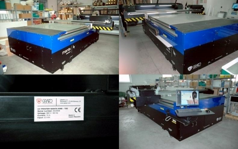 Bild 2: Plattendigitaldirektdruck mit UV-härtenden Tinten. UV Flachbettdrucker Grapo - Manta KM8 / 720 UV
