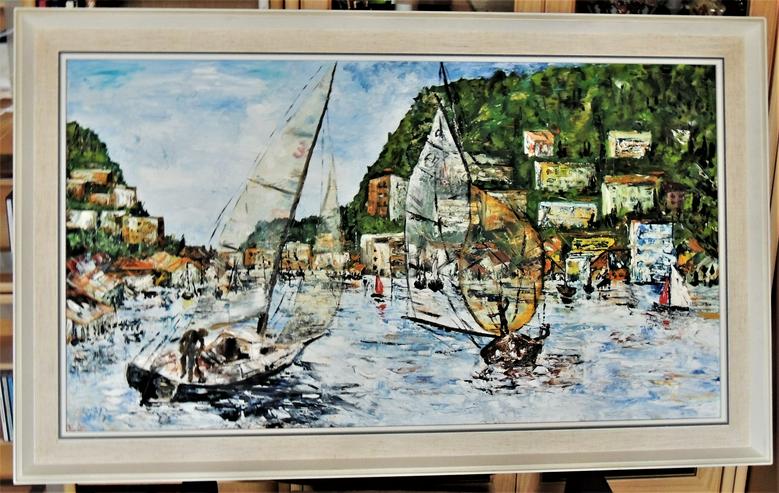 Ölgemälde auf Leinwand "Segelboote in italienischem Hafen", ein Hauch Frühling - Gemälde & Zeichnungen - Bild 1