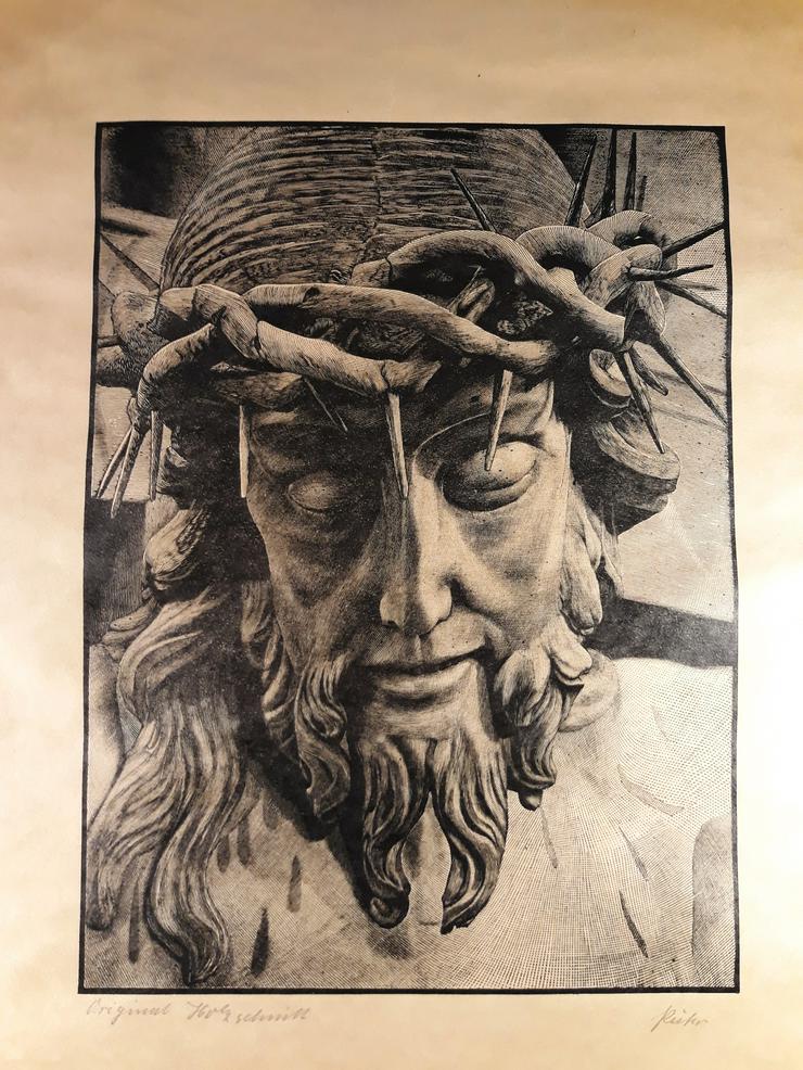 Jesus Bild, Christus mit Dornenkrone, Original Holzschnitt, Druck vom Holz