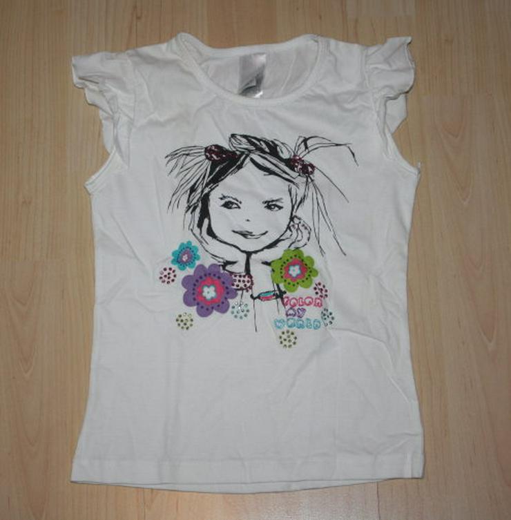 Mädchen Kurzarm T-Shirt Girl Kinder Kurzarmshirt Blumen Strass Rüschen Baumwolle weiß Gr. 110 NEU