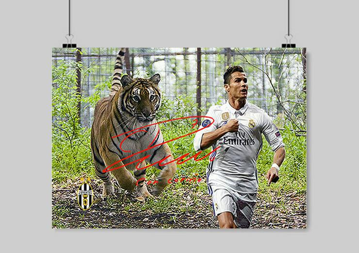 Bild 5: Cristiano Ronaldo vom Tiger gejagt. Kunstdruck 45x30 cm. Souvenir. Geschenkidee. Andenken. Sammelobjekt. BRANDNEU!