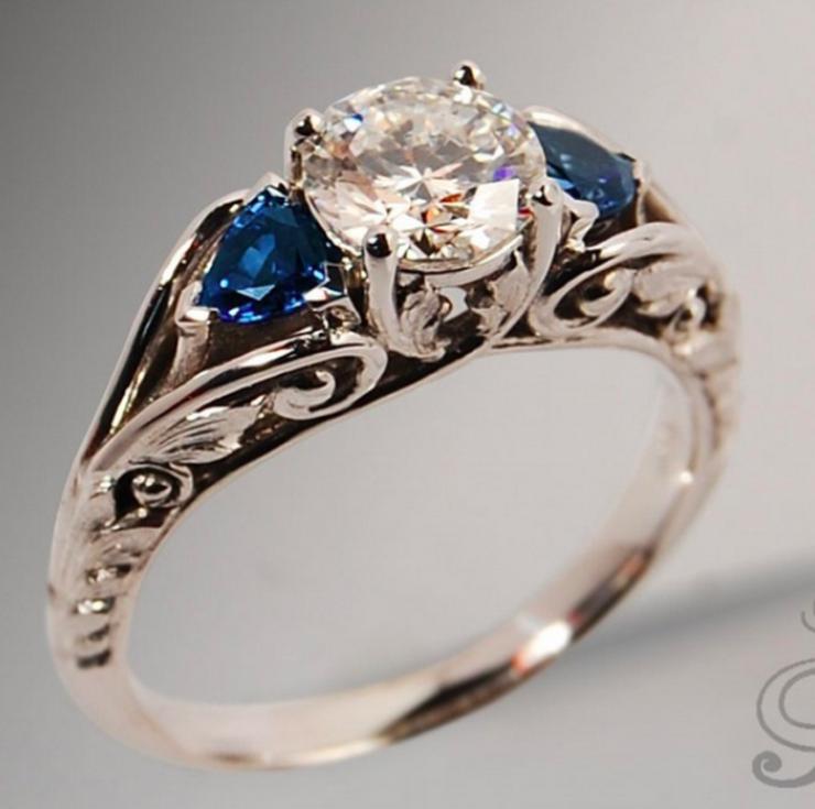 Bild 4: Neu! Princess Cut Diamant & Saphir Ring in Vintage Stiel