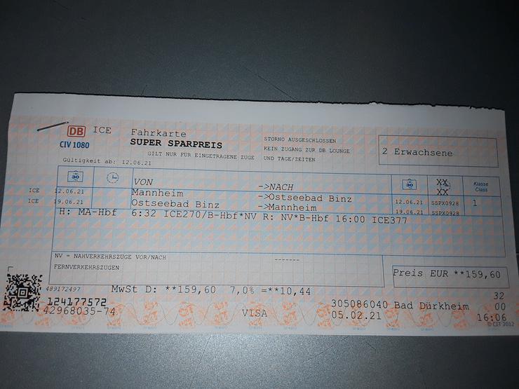 Bild 1: DB Ticket 1.KLASSE MANNHEIM nach BERLIN  für 2 Personen 