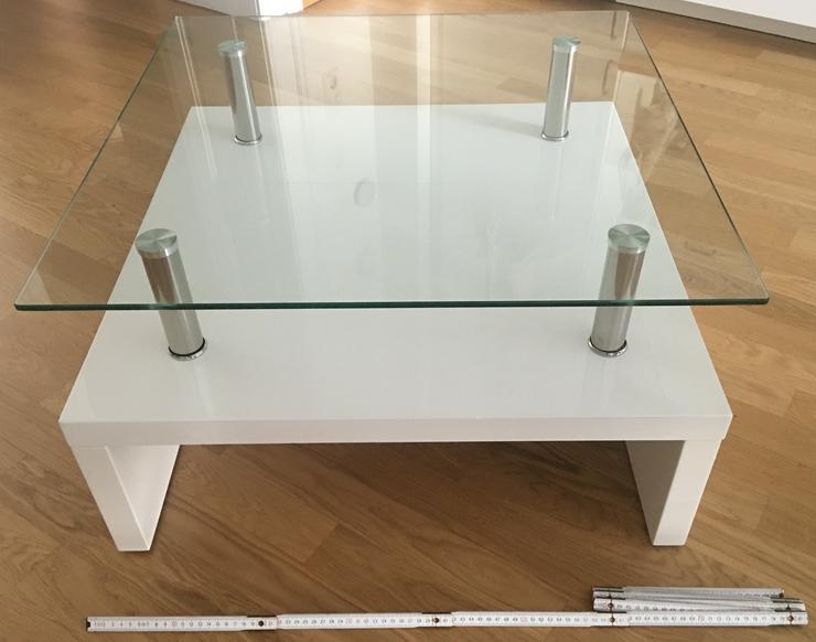 Bild 4: moderner Couchtisch 70 x 70 cm, Höhe 40 cm, in Weiß lackiert mit Glasplatte