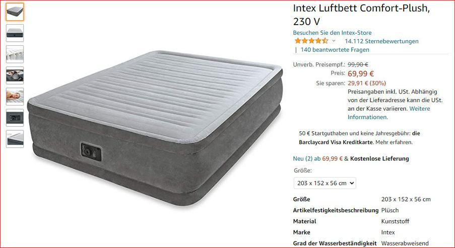 Intex Luftbett Comfort-Plush, 230 V, 	203 x 152 x 56 cm; 10.06 Kilogramm