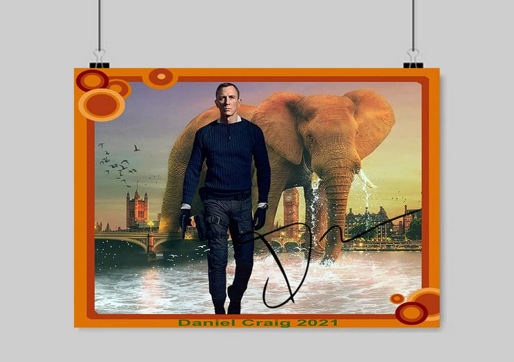 Bild 3: DANIEL CRAIG mit Elefant.. Star Souvenir. Geschenkidee. Zimmerdeko. Blickfang. Unikat, Wandbild. Neuheit. Sammelobjekt.    