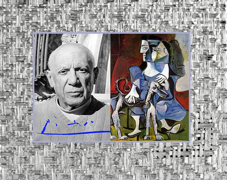 Bild 4: PABLO PICASSO. Kunstwerk "Frau mit Hund". 70x50 cm.  Blickfang! Collage. Souvenir. Geschenkidee. Deko. Einmalig!