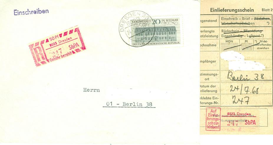 DDR Einschreiben mit Nr. 1329 und Einlieferungsschein, Adressdaten wurden hier aus Datengründen unkenntlich gemacht, auf dem Brief sind diese aber vorhanden. - Deutschland - Bild 1