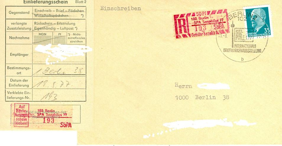 DDR Einschreiben mit Nr. 1689 und Einlieferungsschein, Adressdaten wurden hier aus Datengründen unkenntlich gemacht, auf dem Brief sind diese aber vorhanden.