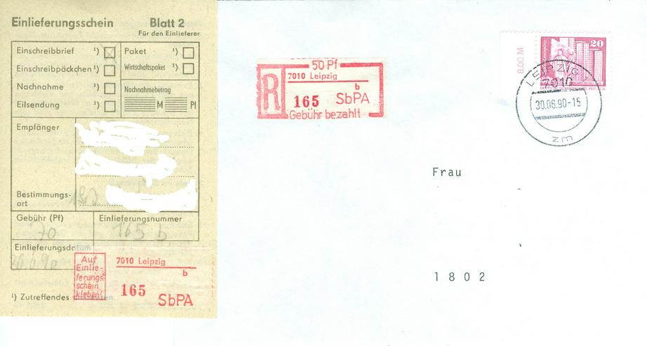 DDR Einschreiben mit Nr. 2485 und Einlieferungsschein, Adressdaten wurden hier aus Datengründen unkenntlich gemacht, auf dem Brief sind diese aber vorhanden. - Deutschland - Bild 1