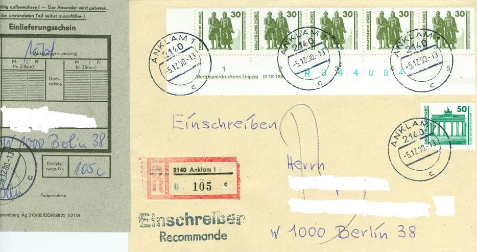 DDR Einschreiben mit Nr. 3345+3346 und Einlieferungsschein, Adressdaten wurden hier aus Datengründen unkenntlich gemacht, auf dem Brief sind diese aber vorhanden. - Deutschland - Bild 1