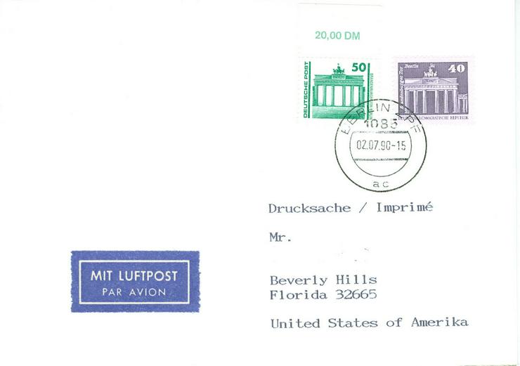 DDR Luftpost mit Nr. 2541 + 3346, Adressdaten wurden hier aus Datengründen unkenntlich gemacht, auf dem Brief sind diese aber vorhanden.