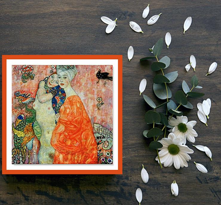  Gustav Klimt Signierte Wanddekoration "Die Lesben". Kunstwerk! Hingucker! Künstlerische Wanddeko für alle Zimmer!  60x60 cm XL. - Poster, Drucke & Fotos - Bild 2