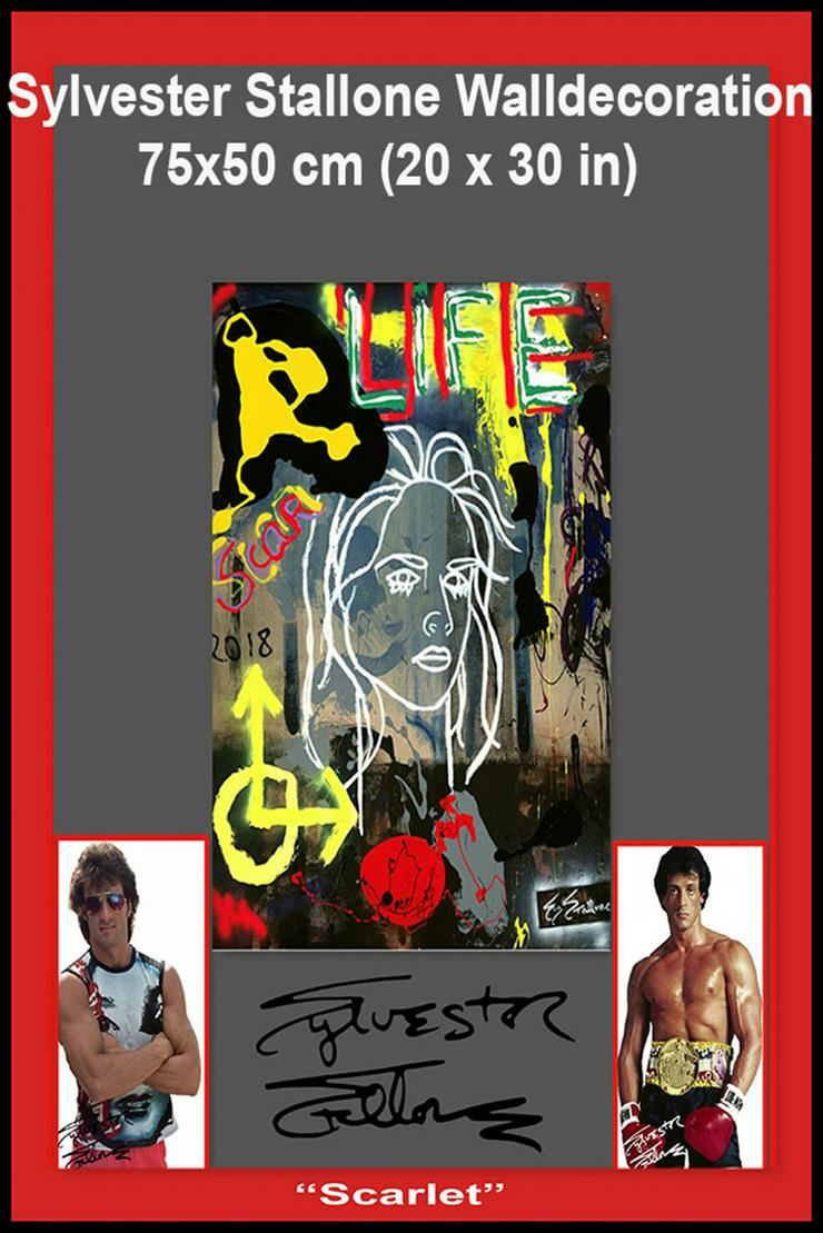 Bild 1: Sylvester Stallone signierte Wanddekoration "Scarlet". Hingucker! Abstraktes Kunstwerk. Rocky, Rambo, Souvenir, Geschenkidee. XXL 75x50 cm.