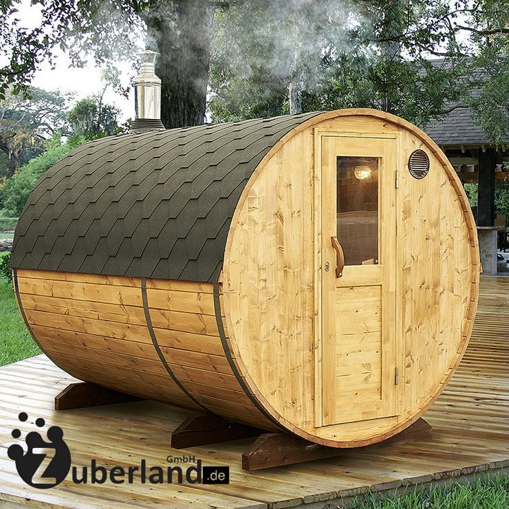 Bild 8: Fass-Sauna , Saunafass, Sauna (Länge 3m, Durchmesser 2m) mit Elektro-Ofen