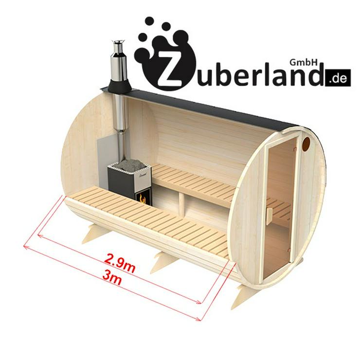 Bild 1: Fass-Sauna , Saunafass, Sauna (Länge 3m, Durchmesser 2m) mit Elektro-Ofen