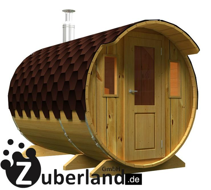 Bild 3: Fass-Sauna , Saunafass, Sauna (Länge 3m, Durchmesser 2m) mit Elektro-Ofen